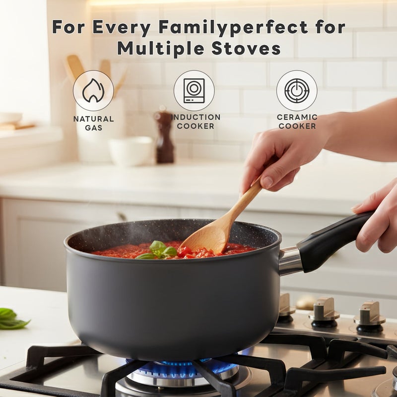 Sharpdo Non-Stick Aluminum Cookware Set, Pots and Pans with Heat Resistant Handles & Tempered Glass Lids, PFOA Free, All Stovetops Compatible, Includes Milk Pan, Casserole and Frying Pan - Image 5